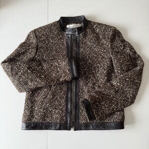 Jones New York Women's Wool Brown Tweed Coat Zip Up Leather Trim Jacket‎ Size 6
